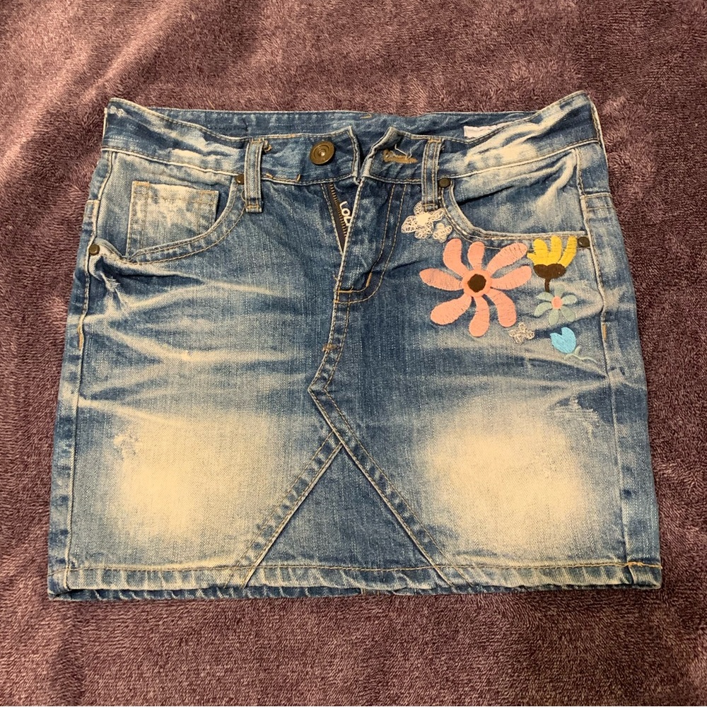 Lolita embroidered jean mini skirt size small